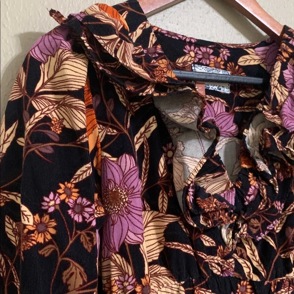 Pilcro Tiered Corduroy Floral Ruffle Mini Dress Long Sleeve SP - Picture 3 of 7